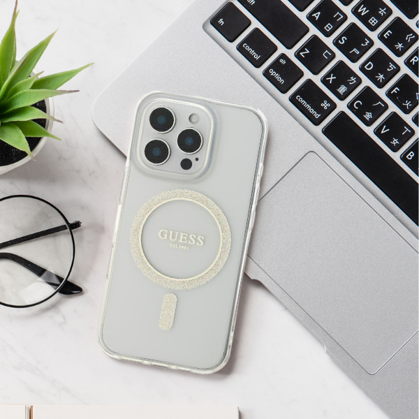 Guess GUHMP16LHFGEREK iPhone 16 Pro 6.3" telefono dėklas, juodos spalvos, IML Glitter Circle MagSafe aprašymas - Prekės nuotrauka