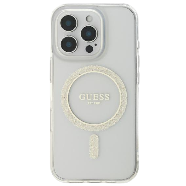 Guess GUHMP16LHFGERET Apple iPhone 16 Pro 6.3″ skaidrus kietas dėklas IML Glitter Circle MagSaf aprašymas - Prekės nuotrauka