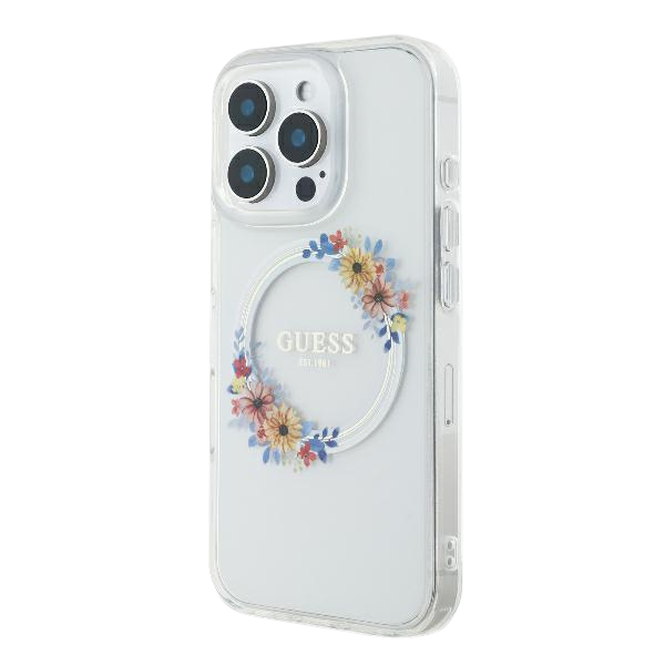 Guess GUHMP16LHFWFCT iPhone 16 Pro 6.3″ skaidrus kietas dėklas IML Flowers Wreath MagSafe aprašymas - Prekės nuotrauka