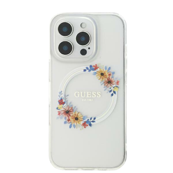 Guess GUHMP16LHFWFCT iPhone 16 Pro 6.3″ skaidrus kietas dėklas IML Flowers Wreath MagSafe aprašymas - Prekės nuotrauka