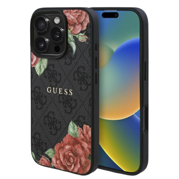 Guess GUHMP16LP4ROPEMCK iPhone 16 Pro 6.3″ telefono dėklas, juodos spalvos, 4G Flowers Print MagSafe aprašymas - Prekės nuotrauka