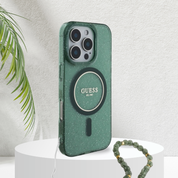 Guess GUHMP16MHGCRELSA iPhone 16 Plus 6.7″ žalios spalvos kietas dėklas IML Glitter su perlamutriniu dirželiu MagSafe aprašymas - Prekės nuotrauka