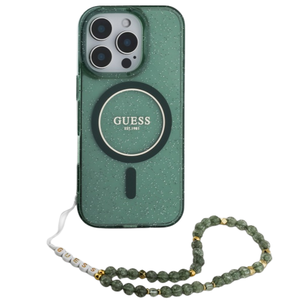 Guess GUHMP16MHGCRELSA iPhone 16 Plus 6.7″ žalios spalvos kietas dėklas IML Glitter su perlamutriniu dirželiu MagSafe aprašymas - Prekės nuotrauka