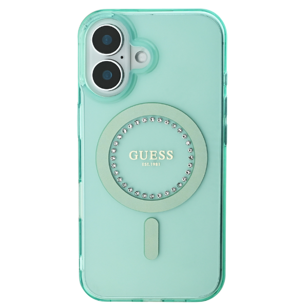 Guess GUHMP16MPFTDTEN Apple iPhone 16 Plus 6.7″ žalias kietas dėklas IML Rhinestones MagSafe aprašymas - Prekės nuotrauka
