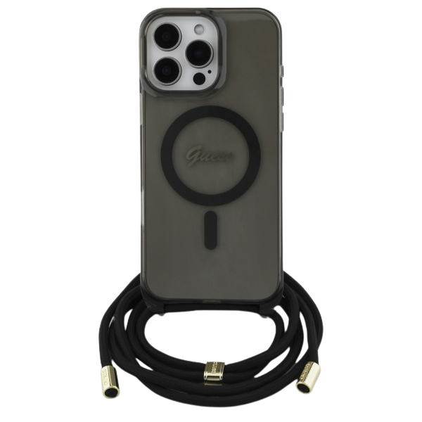 Guess GUHMP16SHCTSGNSK Apple iPhone 16 6.1″ juodos spalvos kietas dėklas Crossbody Cord Script MagSafe aprašymas - Prekės nuotrauka Guess GUHMP16SHCTSGNSK Apple iPhone 16 6.1″ juodos spalvos kietas dėklas Crossbody Cord Script MagSafe aprašymas - Prekės nuotrauka