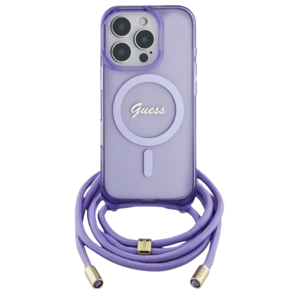 Guess GUHMP16SHCTSGNSU Apple iPhone 16 6.1″ violetinės spalvos kietas dėklas Crossbody Cord Script MagSafe aprašymas - Prekės nuotrauka