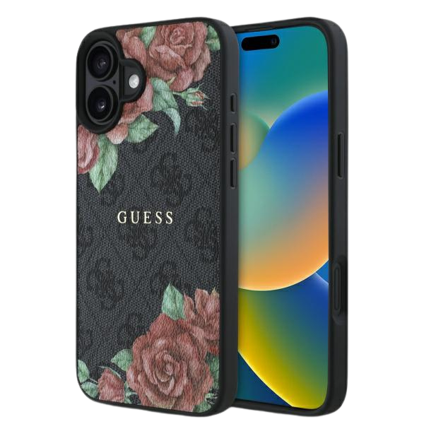 Guess GUHMP16SP4ROPEMCK iPhone 16 6.1″ juodos spalvos kietas dėklas 4G Flowers Print MagSafe aprašymas - Prekės nuotrauka