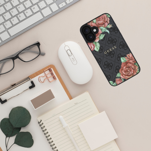 Guess GUHMP16SP4ROPEMCK iPhone 16 6.1″ juodos spalvos kietas dėklas 4G Flowers Print MagSafe aprašymas - Prekės nuotrauka