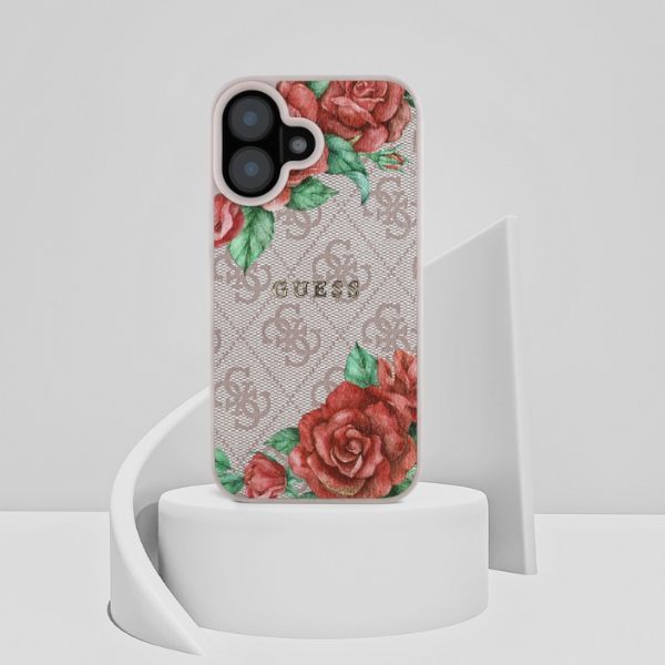 Guess GUHMP16SP4ROPEMCP iPhone 16 6.1″ rožinės spalvos kietas dėklas 4G Flowers Print MagSafe aprašymas - Prekės nuotrauka