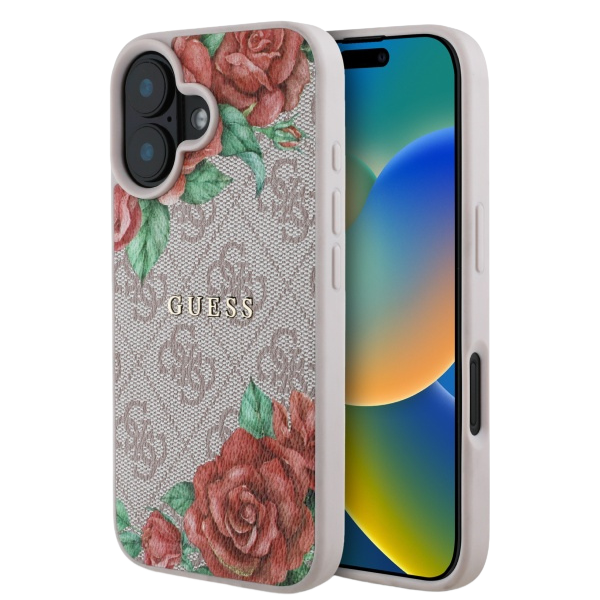 Guess GUHMP16SP4ROPEMCP iPhone 16 6.1″ rožinės spalvos kietas dėklas 4G Flowers Print MagSafe aprašymas - Prekės nuotrauka