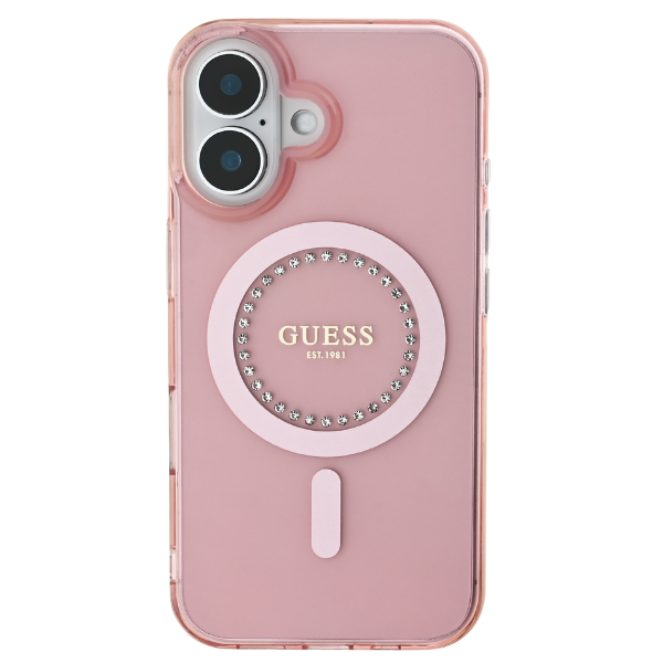 Guess GUHMP16SPFTDTEP Apple iPhone 16 6.1″ rožinės spalvos kietas dėklas IML Rhinestones MagSafe aprašymas - Prekės nuotrauka Guess GUHMP16SPFTDTEP Apple iPhone 16 6.1″ rožinės spalvos kietas dėklas IML Rhinestones MagSafe aprašymas - Prekės nuotrauka