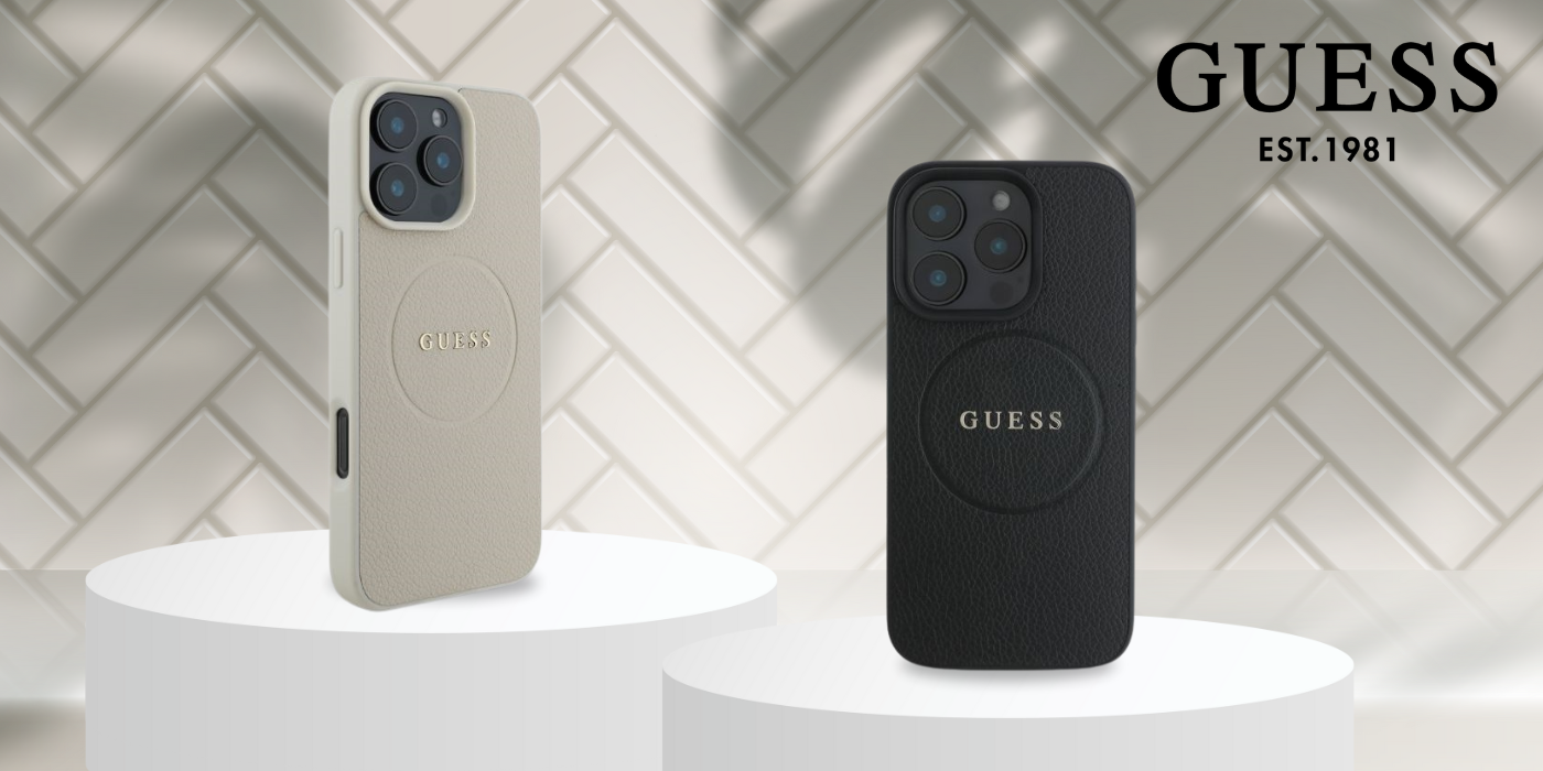 Guess GUHMP16SPGHSMME iPhone 16 6.1″ smėlio spalvos kietas dėklas Grained Ring MagSafe aprašymas - Prekės nuotrauka