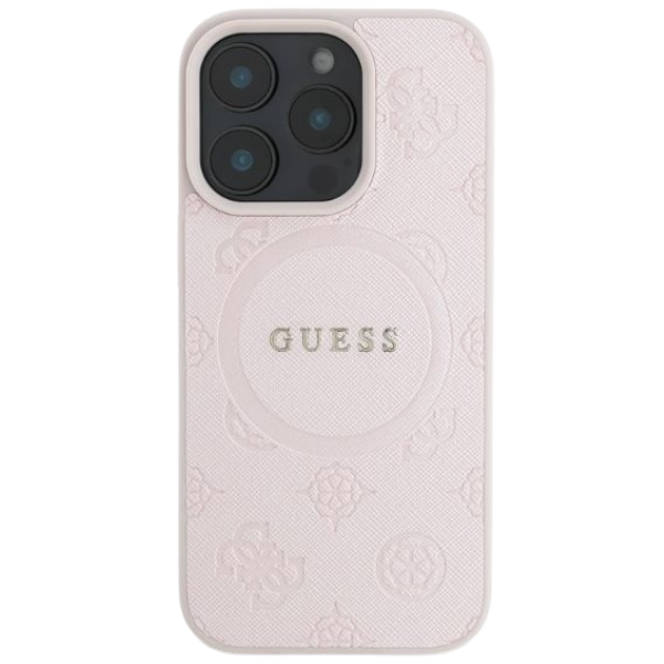 Guess GUHMP16SPSAPSMEP Apple iPhone 16 6.1″rožinės spalvos kietas dėklas Saffiano Peony Classic Logo MagSafe aprašymas - Prekės nuotrauka