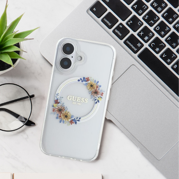 Guess GUHMP16XHFWFCK Apple iPhone 16 Pro Max 6.9″ juodos spalvos kietas dėklas IML Flowers Wreath MagSafe aprašymas - Prekės nuotrauka