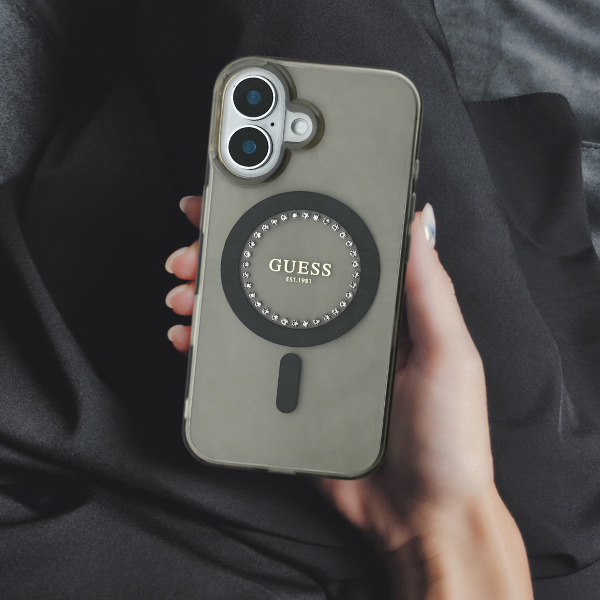 Guess GUHMP16XPFTDTEH iPhone 16 Pro Max 6.9″ baltos spalvos kietas dėklas IML Rhinestones MagSafe aprašymas - Prekės nuotrauka