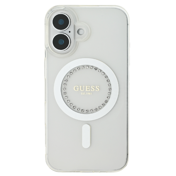 Guess GUHMP16XPFTDTEH iPhone 16 Pro Max 6.9″ baltos spalvos kietas dėklas IML Rhinestones MagSafe aprašymas - Prekės nuotrauka