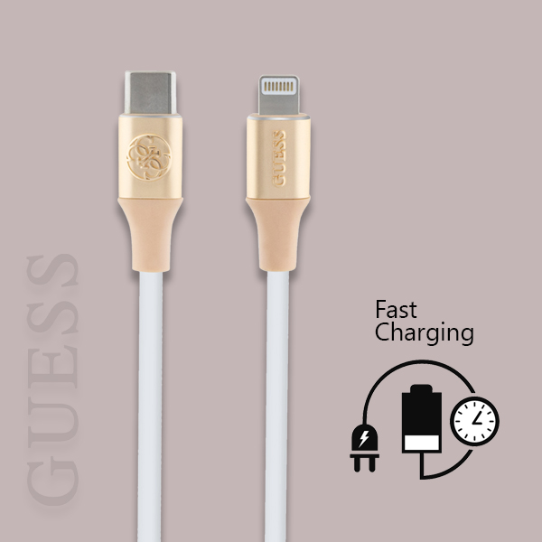 Guess GULMARG USB-C į Lightning kabelis 1,5 m greitas įkrovimas, šviesiai auksinis, su įspaustu logotipu aprašymas - Prekės nuotrauka