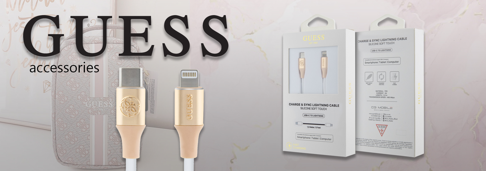 Guess GULMARG USB-C į Lightning kabelis 1,5 m greitas įkrovimas, šviesiai auksinis, su įspaustu logotipu aprašymas - Prekės nuotrauka