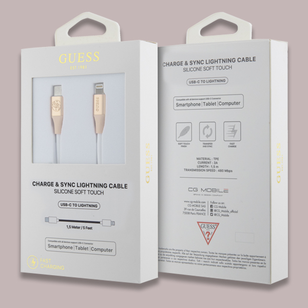 Guess GULMARG USB-C į Lightning kabelis 1,5 m greitas įkrovimas, šviesiai auksinis, su įspaustu logotipu aprašymas - Prekės nuotrauka