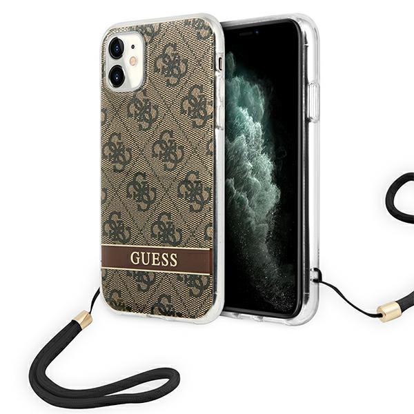 Guess GUOHCN61H4STW iPhone 11 rudas kietas dėklas 4G Print su dirželiu aprašymas - Prekės nuotrauka