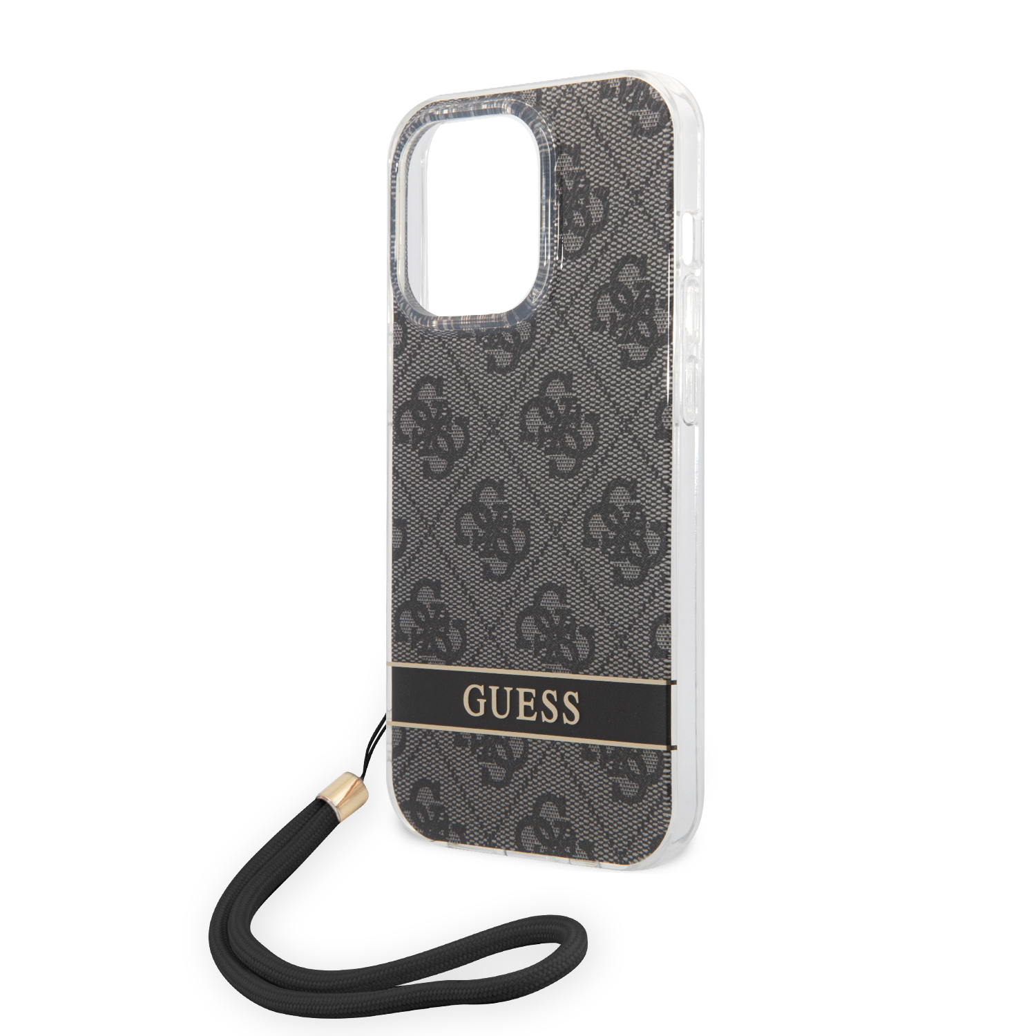 Guess GUOHCP14LH4STK iPhone 14 Pro 6,1″ juodos spalvos kietas dėklas 4G Print Strap aprašymas - Prekės nuotrauka