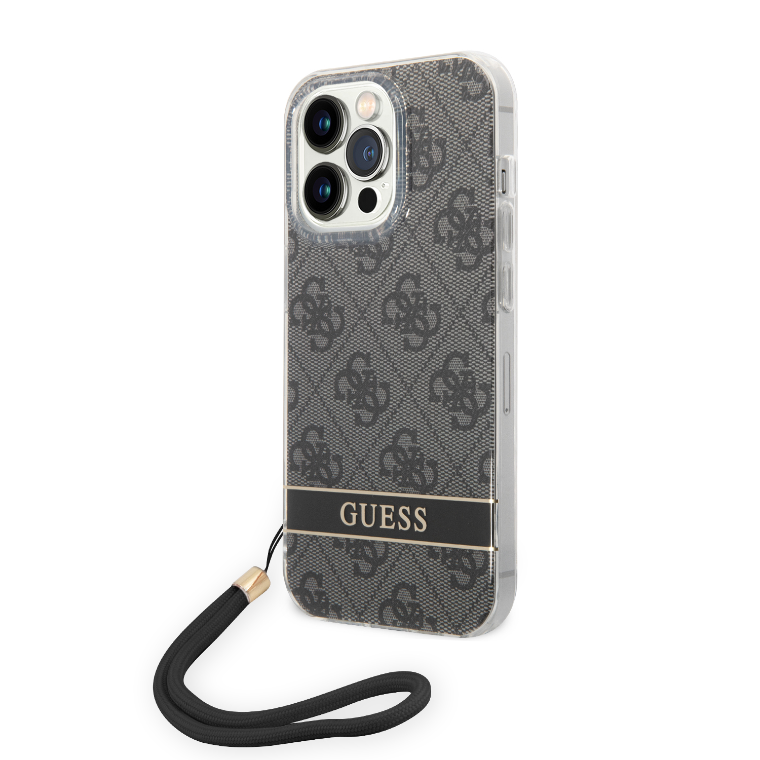Guess GUOHCP14LH4STK iPhone 14 Pro 6,1″ juodos spalvos kietas dėklas 4G Print Strap aprašymas - Prekės nuotrauka