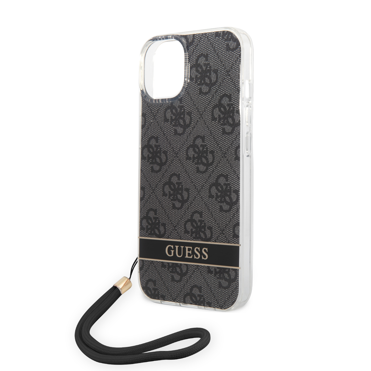 Guess GUOHCP14MH4STK iPhone 14 Plus / 15 Plus 6.7″ juodos spalvos kietas dėklas 4G Print Strap aprašymas - Prekės nuotrauka