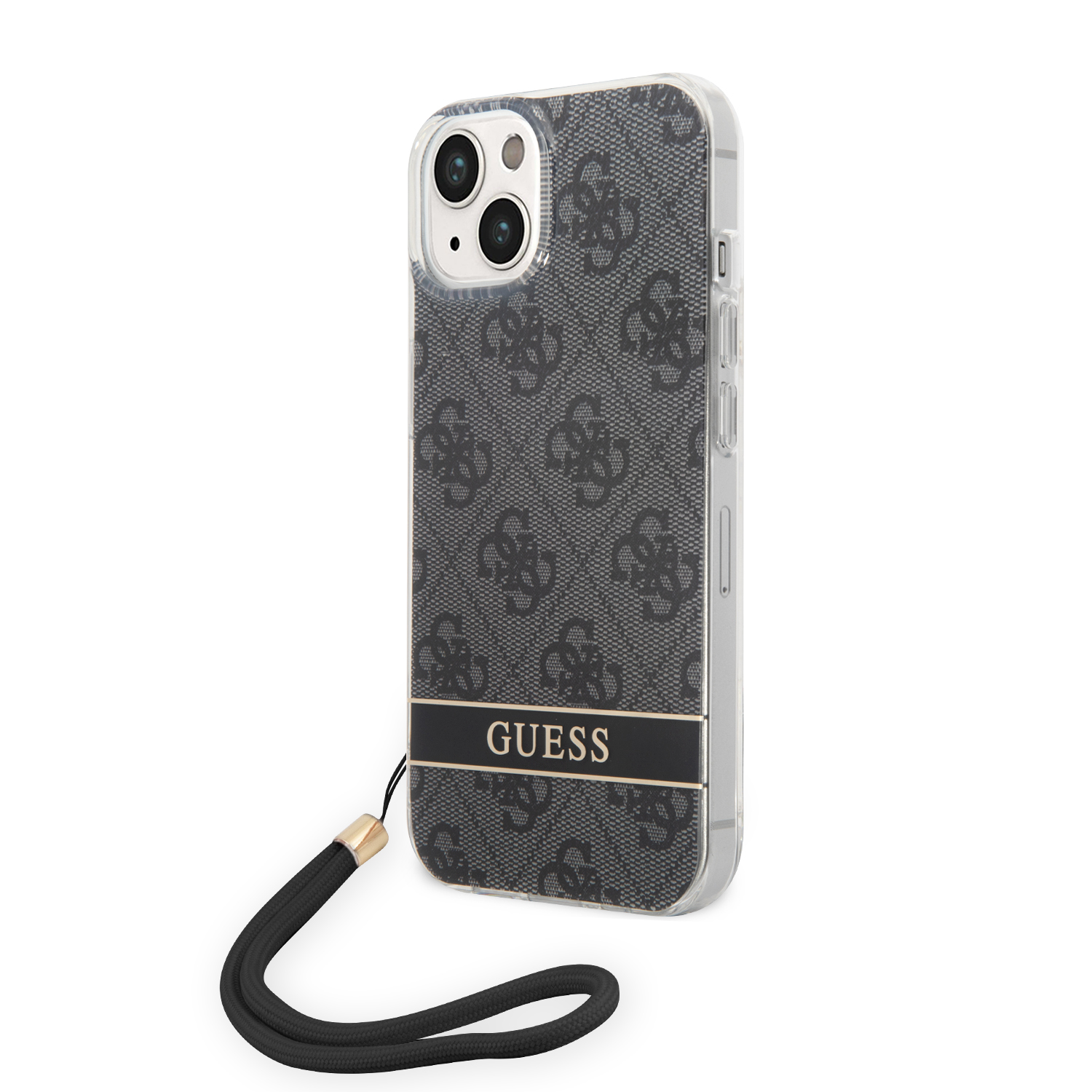 Guess GUOHCP14MH4STK iPhone 14 Plus / 15 Plus 6.7″ juodos spalvos kietas dėklas 4G Print Strap aprašymas - Prekės nuotrauka