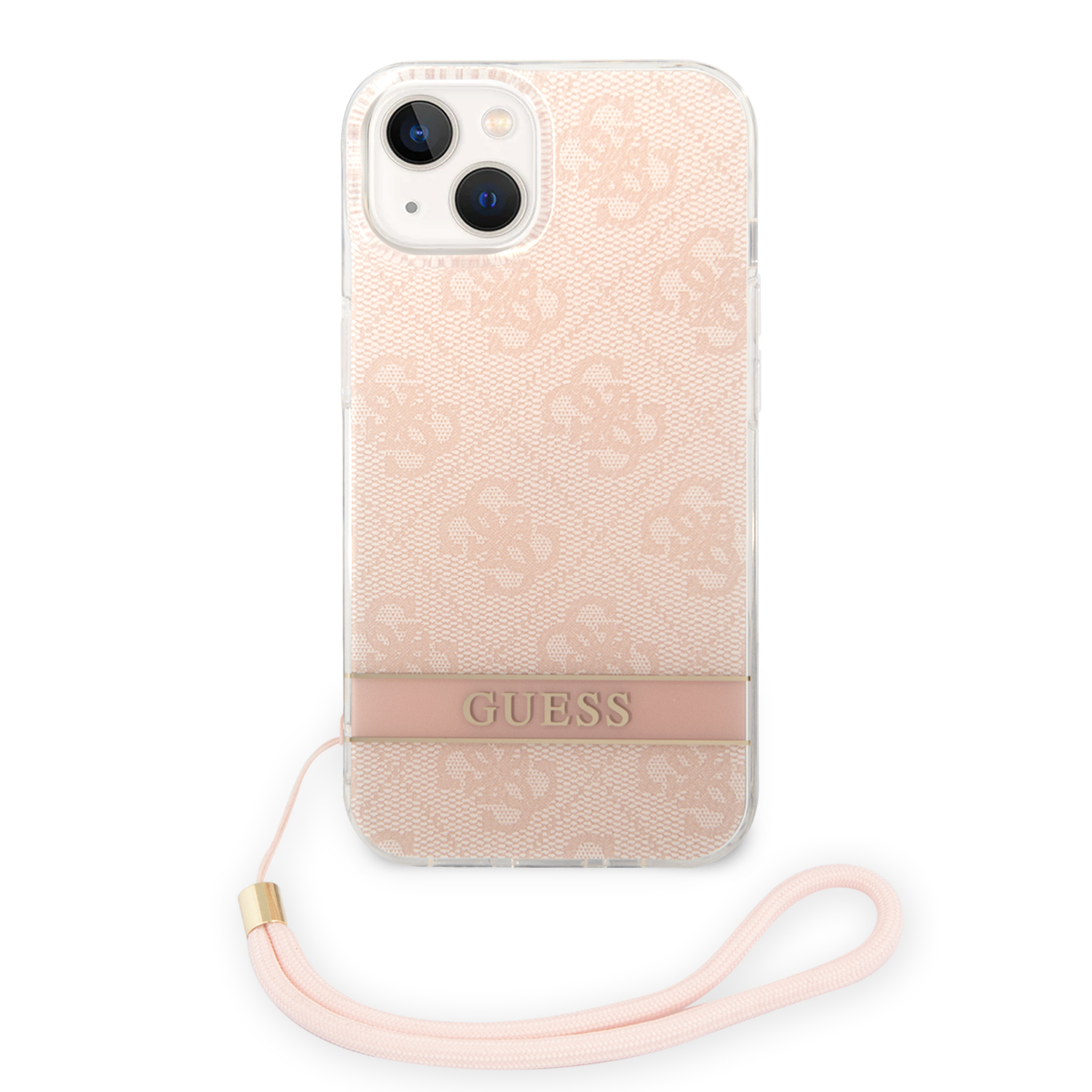 Guess GUOHCP14MH4STP iPhone 14 Plus / 15 Plus 6.7″ rožinis kietas dėklas 4G Print Strap aprašymas - Prekės nuotrauka