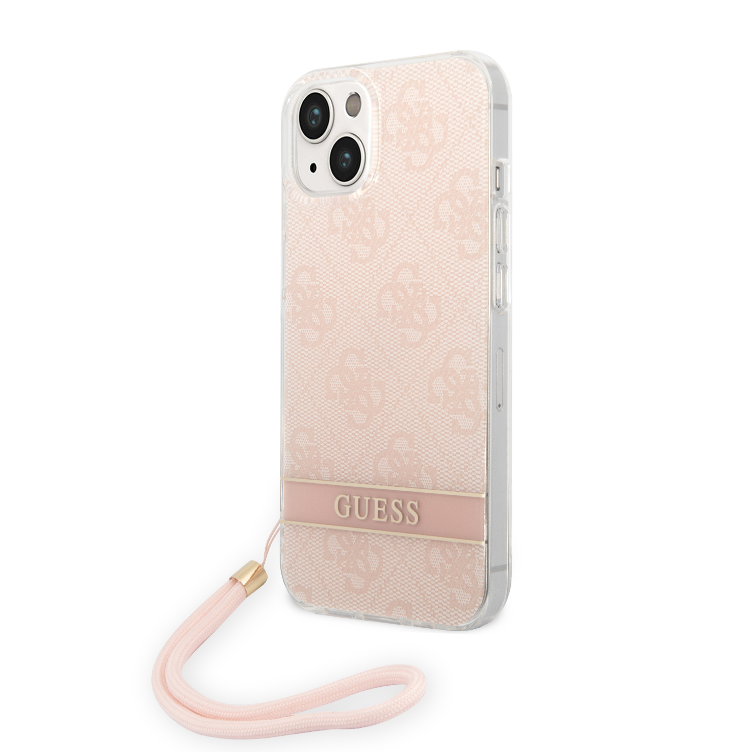 Guess GUOHCP14MH4STP iPhone 14 Plus / 15 Plus 6.7″ rožinis kietas dėklas 4G Print Strap aprašymas - Prekės nuotrauka