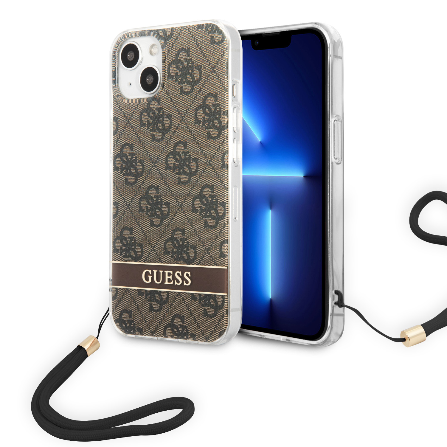 Guess GUOHCP14MH4STW iPhone 14 Plus / 15 Plus 6.7″ rudas kietas dėklas 4G Print Strap aprašymas - Prekės nuotrauka