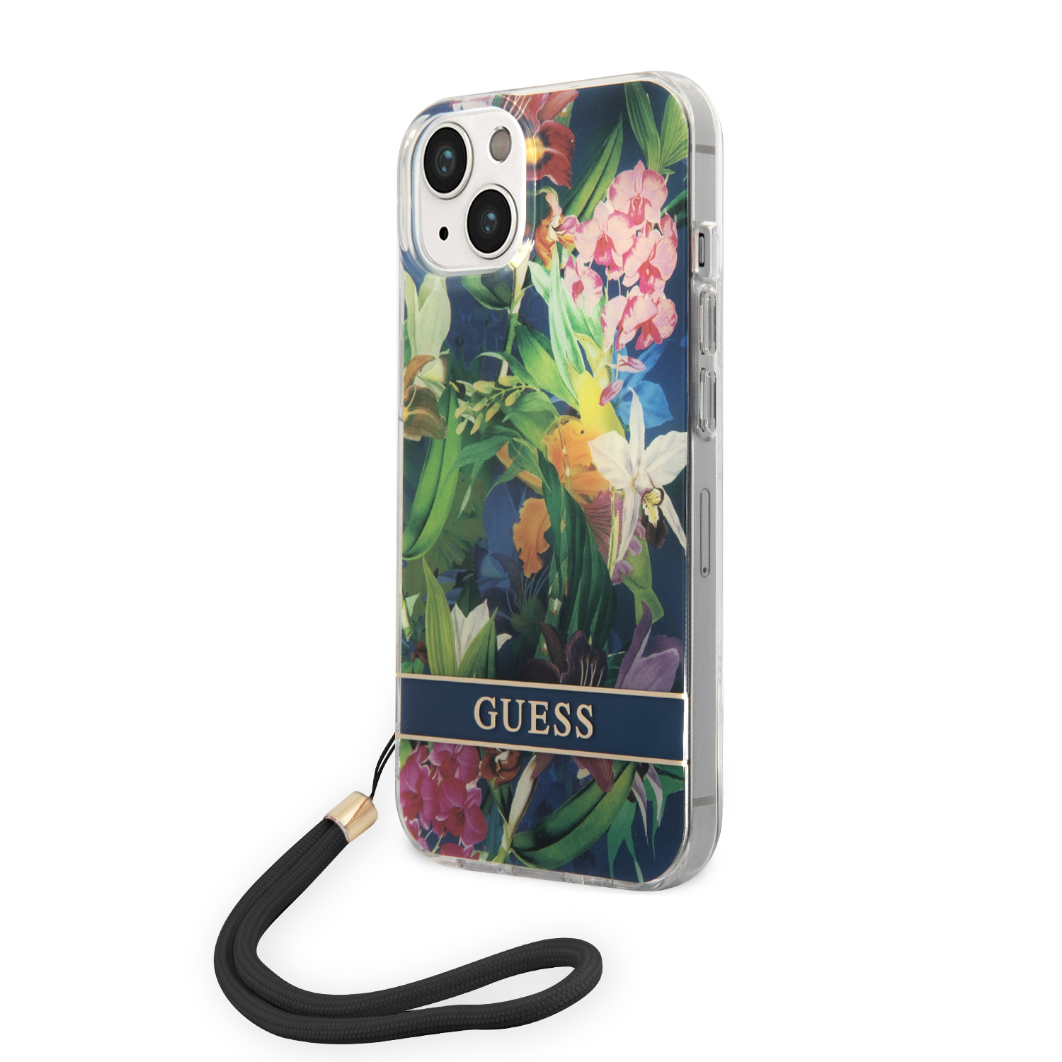 Guess GUOHCP14SHFLSB iPhone 14 / 15 / 13 6.1″ mėlynas kietas dėklas Flower Strap aprašymas - Prekės nuotrauka