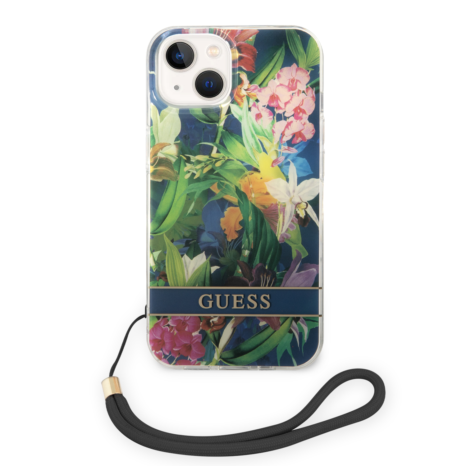 Guess GUOHCP14SHFLSB iPhone 14 / 15 / 13 6.1″ mėlynas kietas dėklas Flower Strap aprašymas - Prekės nuotrauka