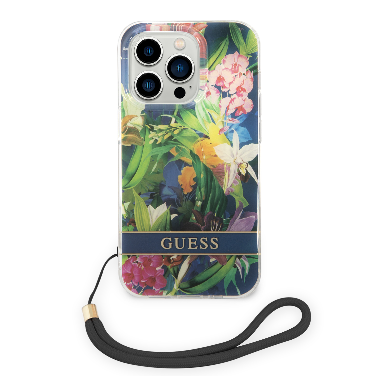 Guess GUOHCP14XHFLSB iPhone 14 Pro Max 6,7″ mėlynas kietas dėklas Flower Strap aprašymas - Prekės nuotrauka