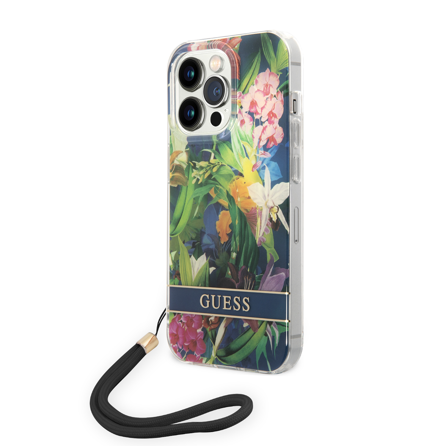 Guess GUOHCP14XHFLSB iPhone 14 Pro Max 6,7″ mėlynas kietas dėklas Flower Strap aprašymas - Prekės nuotrauka