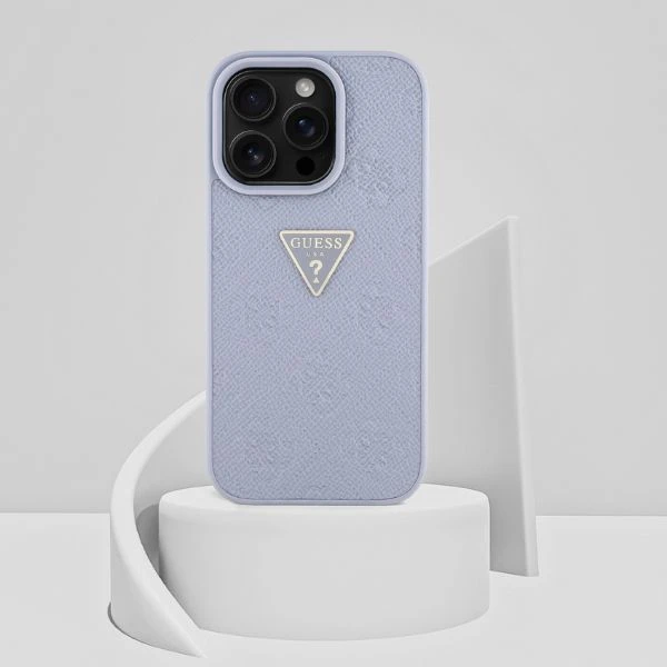 Guess Hot Stamp 4G Pattern Triangle Metal Logo Apple iPhone 16 Pro dėklas telefonui violetinės spalvos aprašymas - Prekės nuotrauka