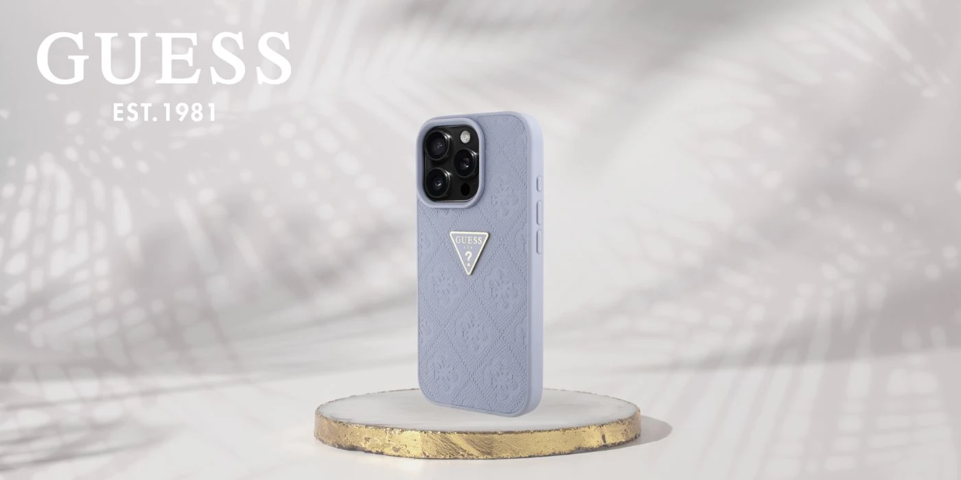 Guess Hot Stamp 4G Pattern Triangle Metal Logo Apple iPhone 16 Pro Max dėklas telefonui violetinės spalvos aprašymas - Prekės nuotrauka
