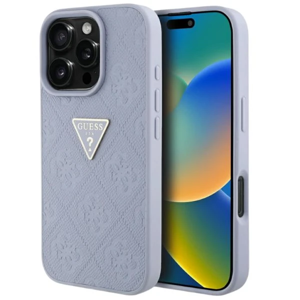 Guess Hot Stamp 4G Pattern Triangle Metal Logo Apple iPhone 16 Pro Max dėklas telefonui violetinės spalvos aprašymas - Prekės nuotrauka