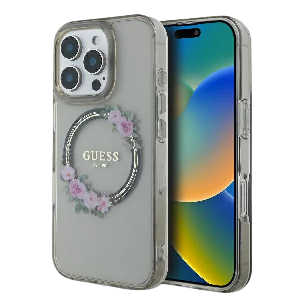 Guess IML Flowers Wreath MagSafe Apple iPhone 16 Pro - dėklas telefonui juodos spalvos aprašymas - Prekės nuotrauka Guess IML Flowers Wreath MagSafe Apple iPhone 16 Pro - dėklas telefonui juodos spalvos aprašymas - Prekės nuotrauka