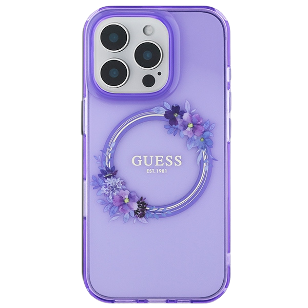 Guess IML Flowers Wreath MagSafe Apple iPhone 16 Pro - dėklas teleofnui violetinės spalvos aprašymas - Prekės nuotrauka
