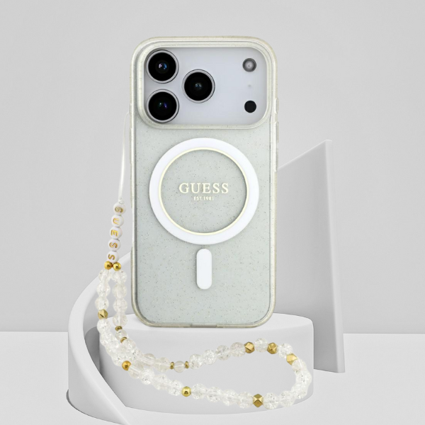 Guess IML Glitter Pearl Strap MagSafe dėklas Apple iPhone 17 Pro skaidrus aprašymas - Prekės nuotrauka