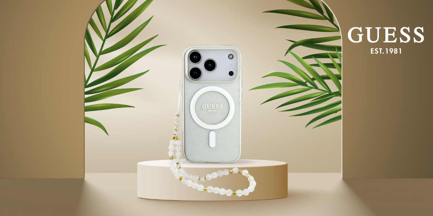 Guess IML Glitter Pearl Strap MagSafe dėklas Apple iPhone 17 Pro skaidrus aprašymas - Prekės nuotrauka