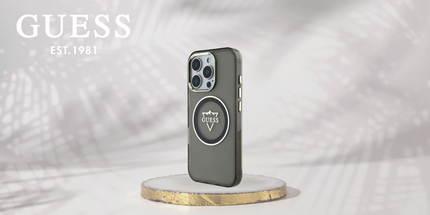 Guess IML Metal Mountain Logo MagSafe Apple iPhone 16 Pro dėklas telefonui juodos spalvos aprašymas - Prekės nuotrauka