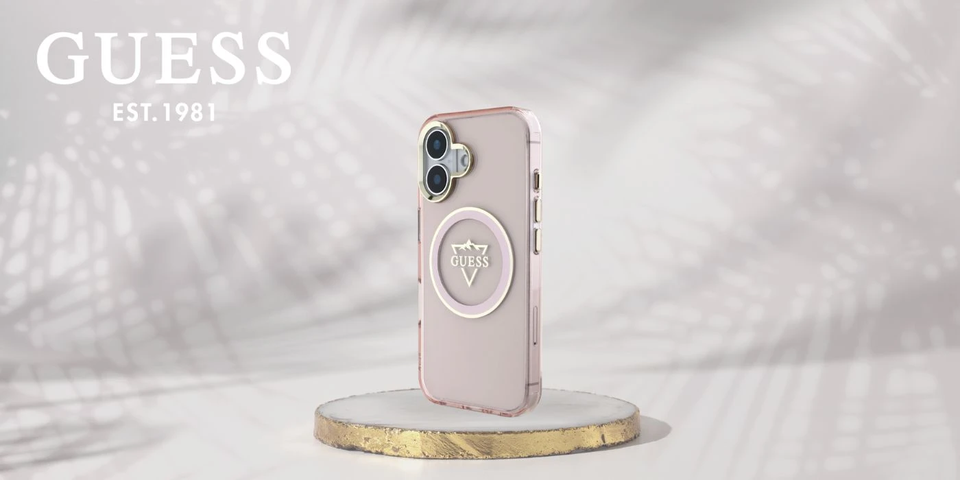 Guess IML Metal Mountain Logo MagSafe Apple iPhone 16 dėklas telefonui rožinės spalvos aprašymas - Prekės nuotrauka