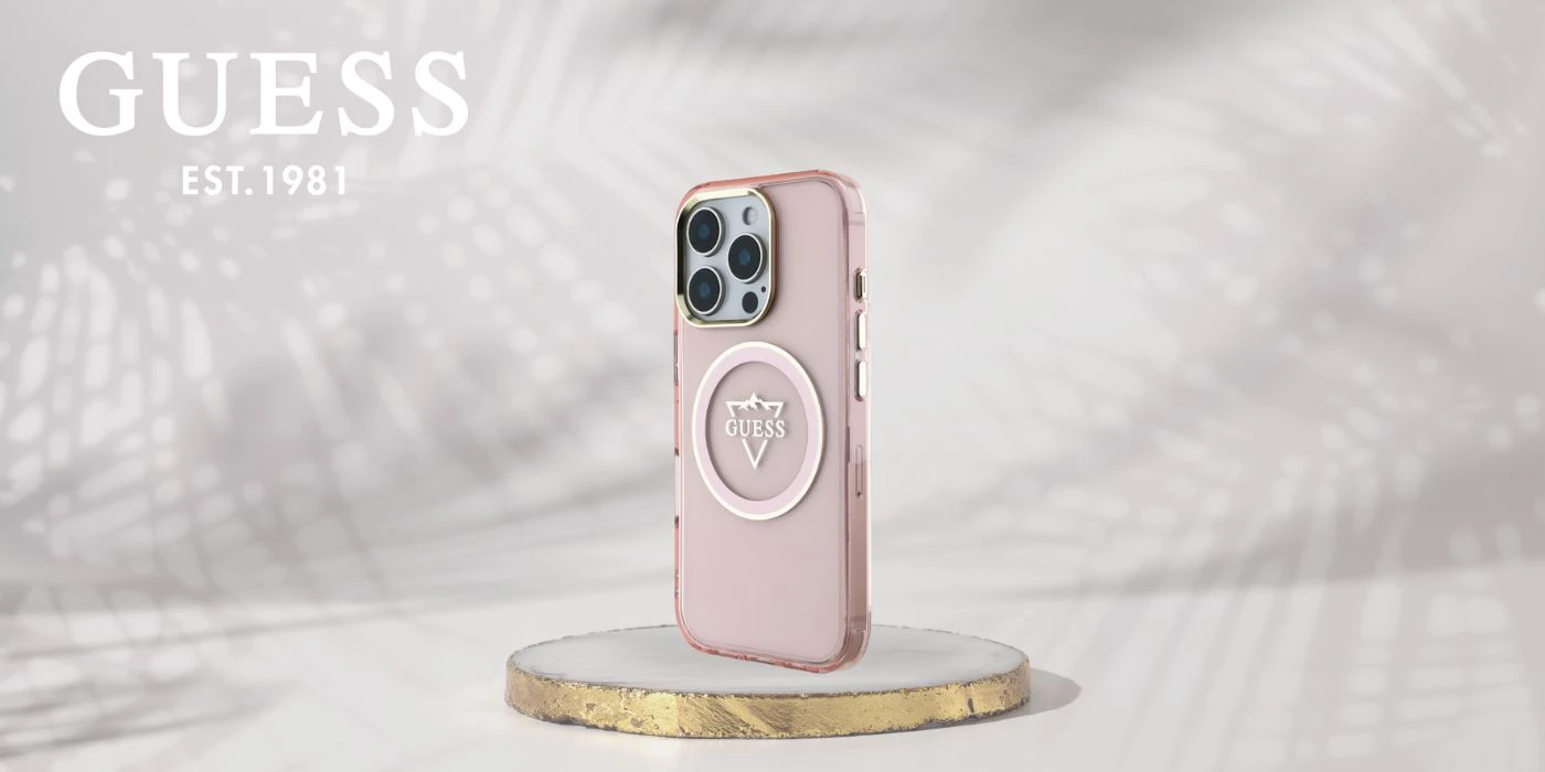 Guess IML Metal Mountain Logo MagSafe Apple iPhone 16 Pro Max dėklas telefonui rožinės spalvos aprašymas - Prekės nuotrauka