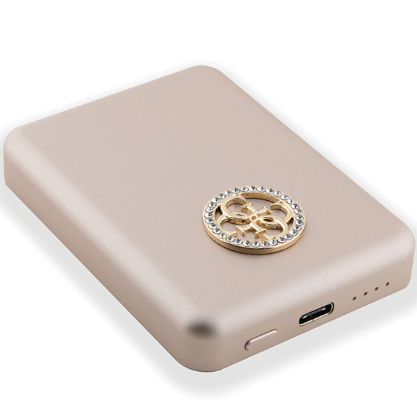 Guess Induction Powerbank 15W GUPBM5AL4DMD 5000mAh aukso spalvos MagSafe 4G Strassed Metal Logo aprašymas - Prekės nuotrauka