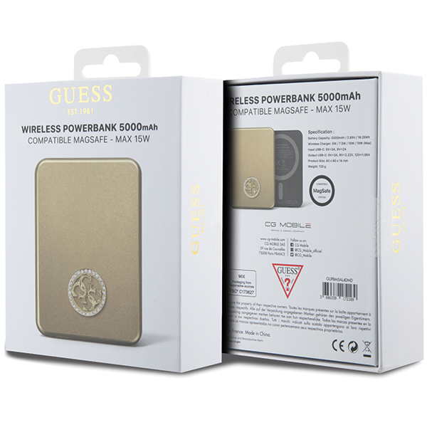 Guess Induction Powerbank 15W GUPBM5AL4DMD 5000mAh aukso spalvos MagSafe 4G Strassed Metal Logo aprašymas - Prekės nuotrauka