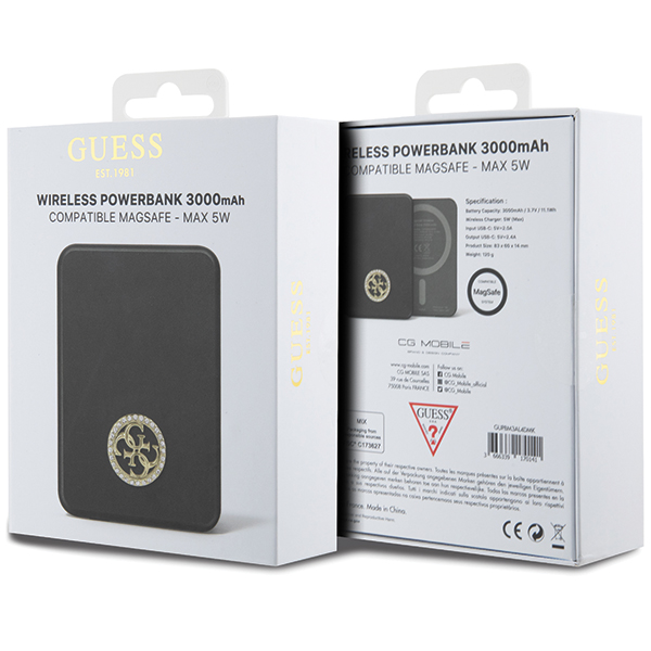 Guess Induction Powerbank 5W GUPBM3AL4DMK 3000mAh juodos spalvos MagSafe 4G Strassed Metal Logo aprašymas - Prekės nuotrauka