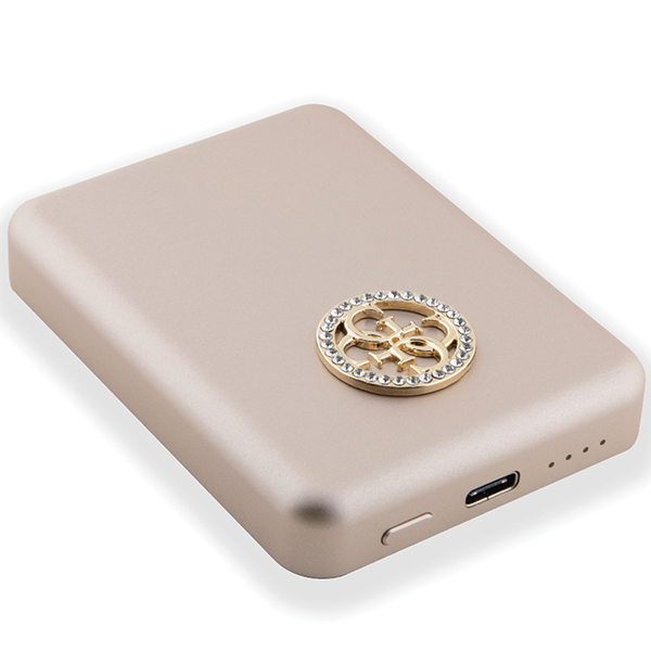 Guess indukcinis išorinis akumuliatorius 5W GUPBM3AL4DMD 3000mAh aukso spalvos MagSafe 4G Strassed Metal Logo aprašymas - Prekės nuotrauka