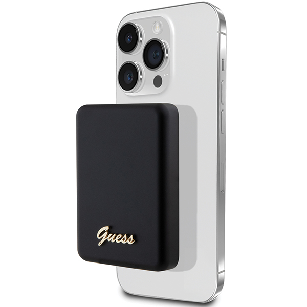 Guess indukcinis išorinis akumuliatorius 5W GUPBM3ALGSGK 3000mAh juodos spalvos MagSafe Metal Script Logo aprašymas - Prekės nuotrauka